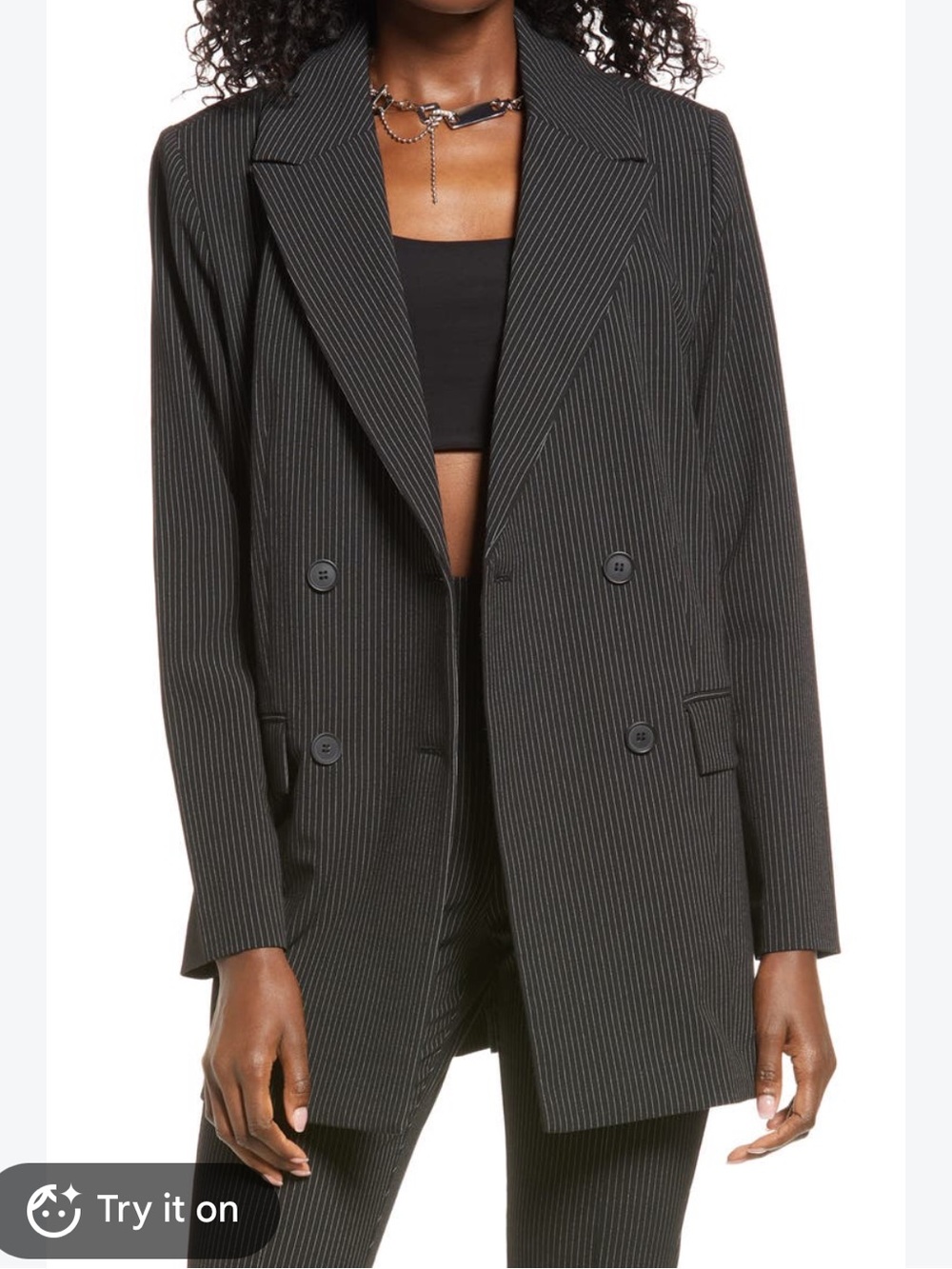 Open Edit Black Pinstripe Double-Breasted Blazer